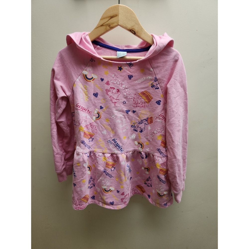 Crayola Girls Pink Unicorn Rainbow‎ Peplum Hoodie Sweatshirt Dress Size 5-6 Yrs